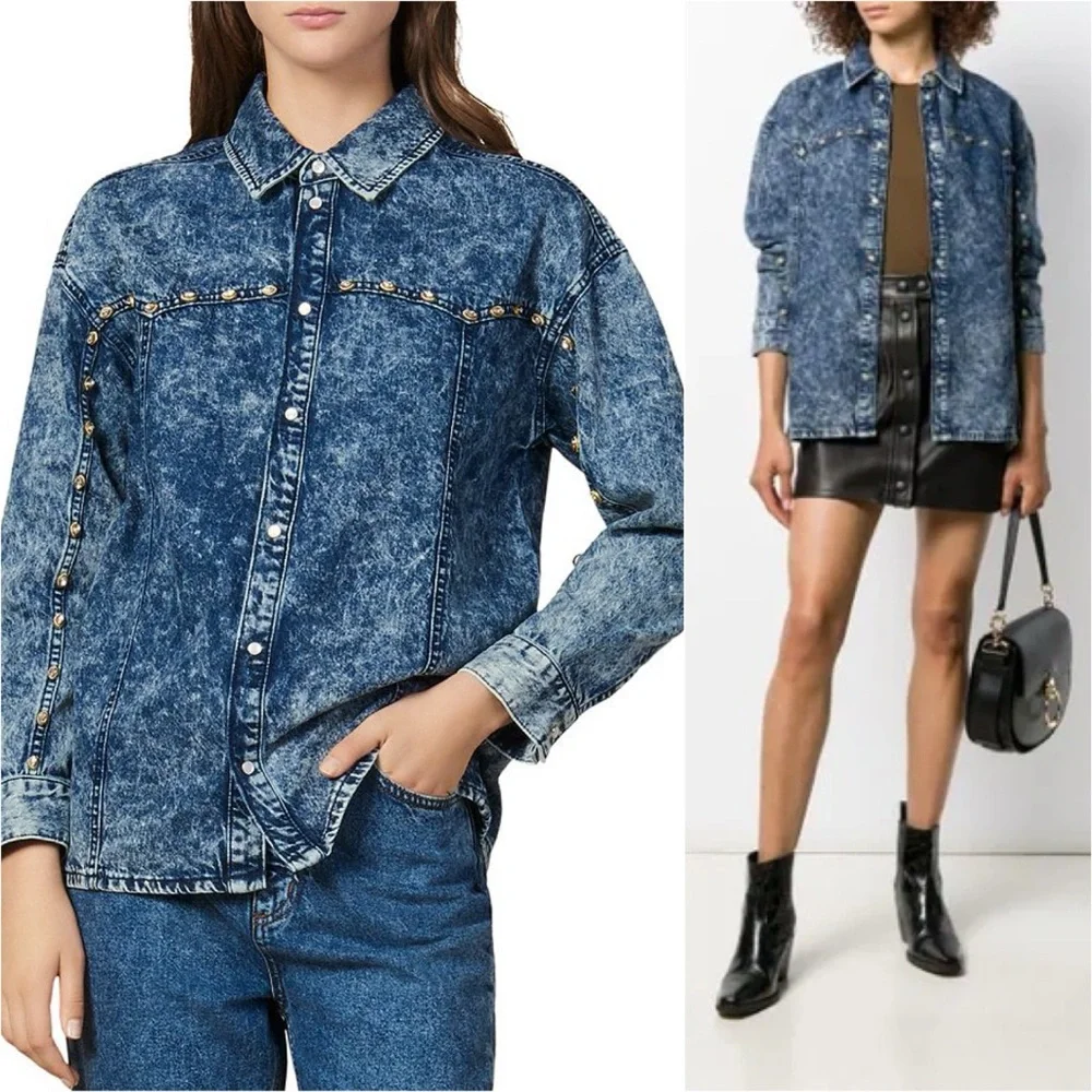 NWT Sandro Stane Denim Rhinestone Pearl Shirt Midnight Blue Western Jacket US 8 - Picture 3 of 16